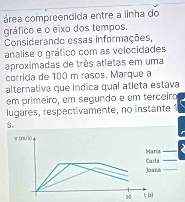 área compreendida entre a linha do 
gráfico e o eixo dos tempos. 
Considerando essas informações, 
analise o gráfico com as velocidades 
aproximadas de três atletas em uma 
corrida de 100 m rasos. Marque a 
alternativa que indica qual atleta estava 
em primeiro, em segundo e em terceiro 
lugares, respectivamente, no instante 1 
S.
v (m/s)
Maria_ 
Carla_ 
Joana_ 
10 t(s)