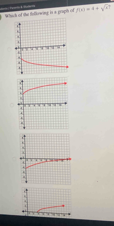 dents / Parents & Students 
Which of the following is a graph of f(x)=4+sqrt(x) ?