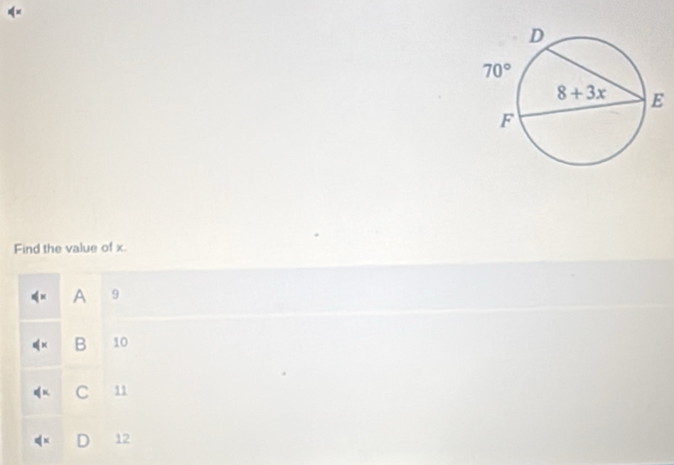 Find the value of x.
A 9
B 10
C 11
12