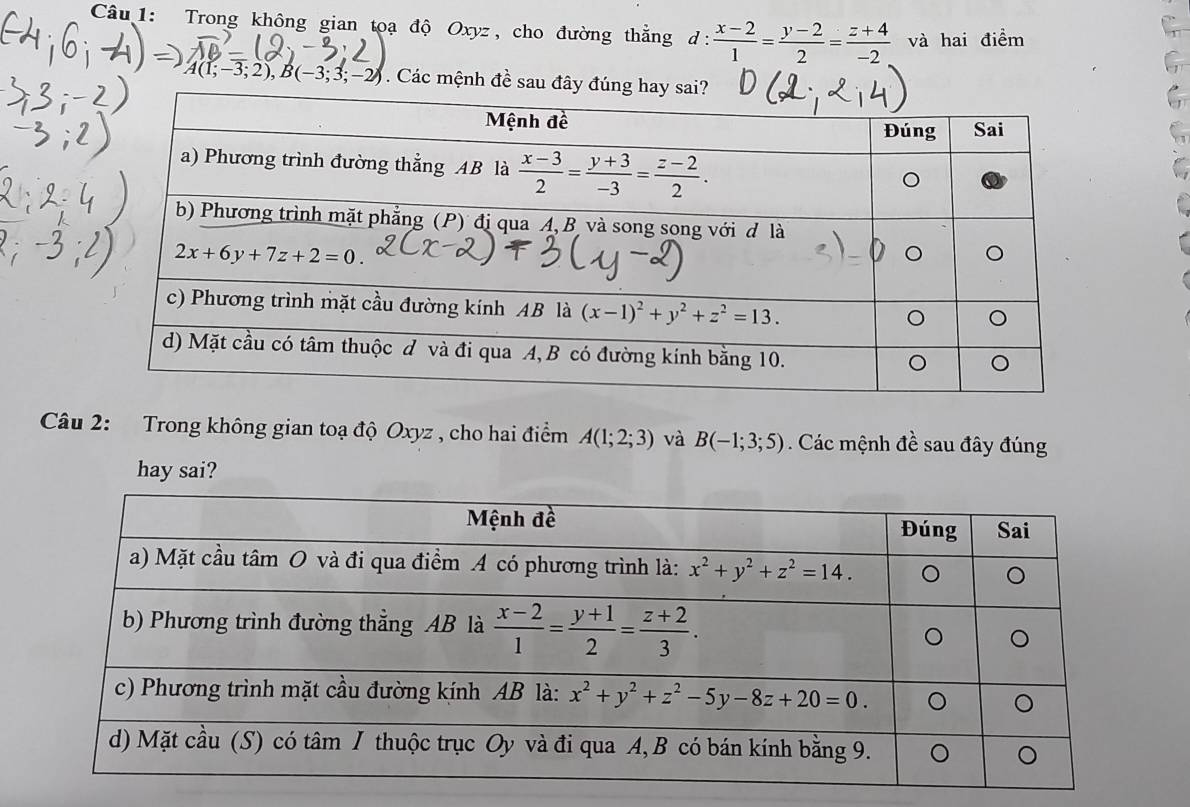 Trong không gian tọạ độ Oxyz, cho đường thắng d:  (x-2)/1 = (y-2)/2 = (z+4)/-2  và hai điểm
A I;-3;2),B(-3;3;-2). Các mệnh đề sau đây
Câu 2: Trong không gian toạ độ Oxyz , cho hai điểm A(1;2;3) và B(-1;3;5). Các mệnh đề sau đây đúng
hay sai?