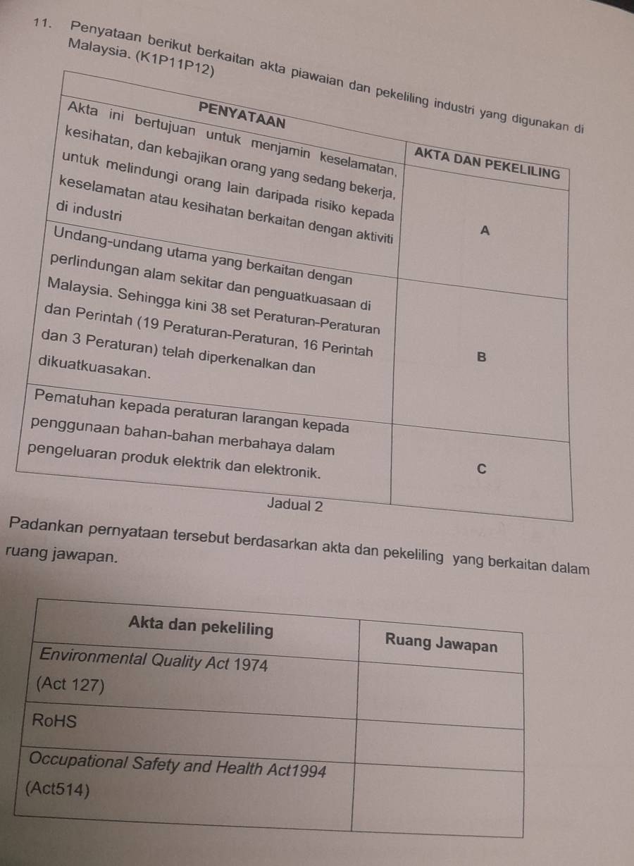 Malaysia. ( 
1. Penyataan berikut berka 
Pebut berdasarkan akta dan pekeliling yang berkaitan dalam 
ruang jawapan.