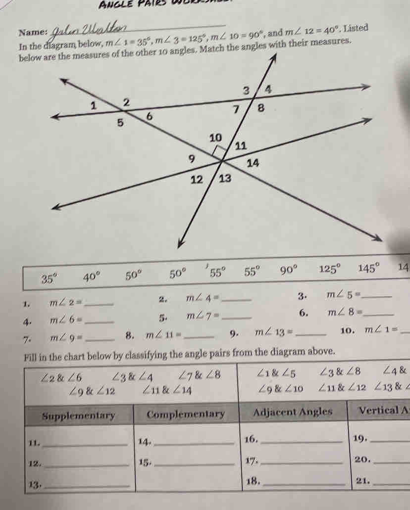 Angle Pairs
Name:
_
m∠ 1=35°,m∠ 3=125°,m∠ 10=90° , and m∠ 12=40°. Listed
their measures.
35° 40° 50° 50°  55° 55° 90° 125° 145° 14
1. m∠ 2= _
2. m∠ 4= _ 3. m∠ 5= _
6. m∠ 8= _
4. m∠ 6= _
5. m∠ 7= _
7. m∠ 9= _ 8. m∠ 11= _ 9. m∠ 13= _ 10. m∠ 1= _
Fill in the chart below by classifying the angle pairs from the diagram above.
A