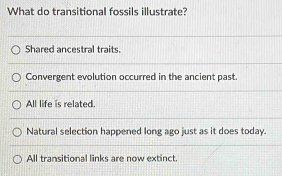 Solved: What do transitional fossils illustrate? Shared ancestral ...