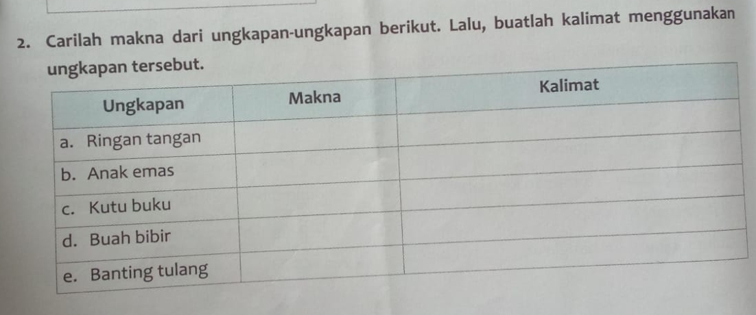 Carilah makna dari ungkapan-ungkapan berikut. Lalu, buatlah kalimat menggunakan