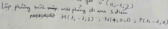 gla vector v(4;-1;2)
Lap phnong trinh mad phang di qua 3 diem
M(1,-1;2); N(4;0,1); P(1;-1;0)