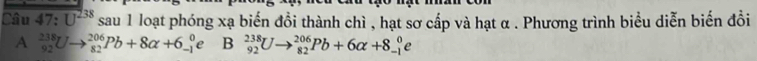 Câu 47:U^(238) sau 1 loạt phóng xạ biến đồi thành chì , hạt sơ cấp và hạt α. Phương trình biểu diễn biến đồi 
A _(92)^(238)Uto _(82)^(206)Pb+8alpha +6_(-1)^0e B _(92)^(238)Uto _(82)^(206)Pb+6alpha +8_(-1)^0e