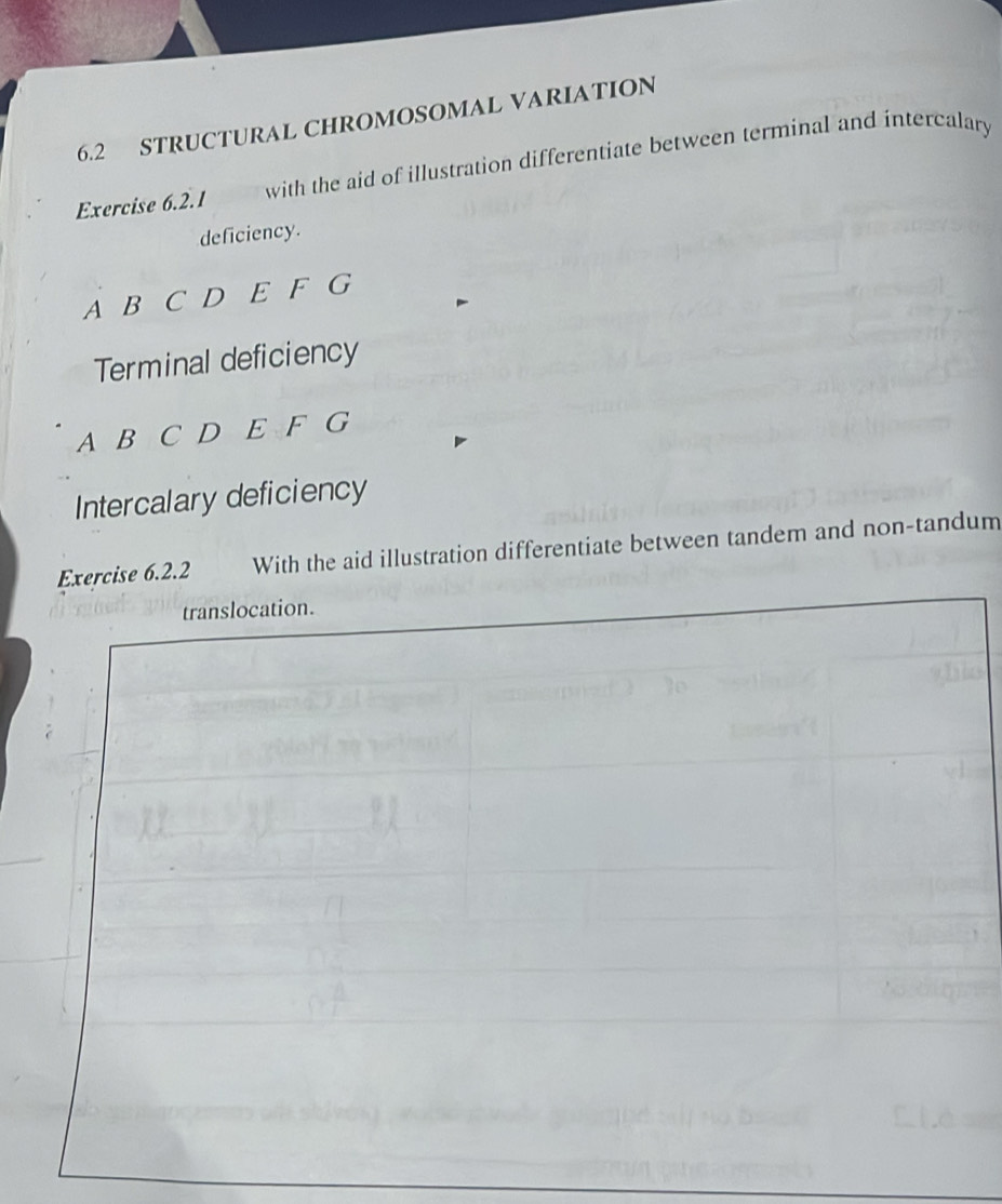 6.2 STRUCTURAL CHROMOSOMAL VARIATION 
Exercise 6.2.1 with the aid of illustration differentiate between terminal and intercalary 
deficiency. 
A B C D E F G 
Terminal deficiency 
A B C D E F G 
Intercalary deficiency 
2.2 With the aid illustration differentiate between tandem and non-tandum