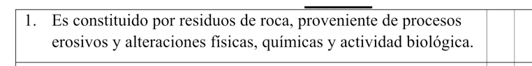 Es constituido por residuos de roca, proveniente de procesos 
erosivos y alteraciones físicas, químicas y actividad biológica.