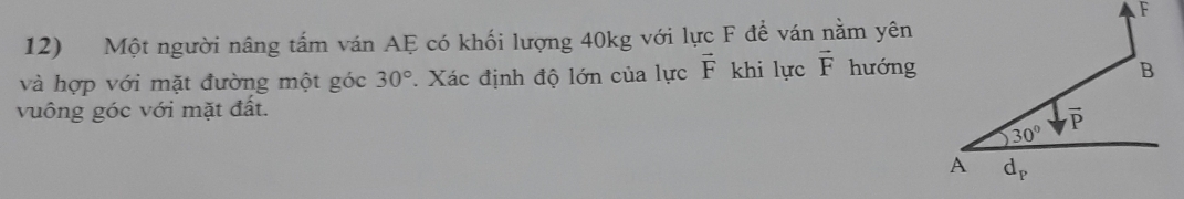 Một người nâng tấm ván AE có khối lượng 40kg với lực F để ván nằm yên
và hợp với mặt đường một góc 30°.  Xác định độ lớn của lực vector F khi lực vector F hướng
vuông góc với mặt đất.