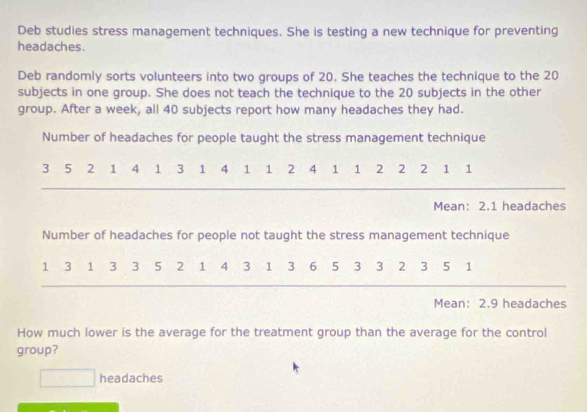 Deb studies stress management techniques. She is testing a new technique for preventing 
headaches. 
Deb randomly sorts volunteers into two groups of 20. She teaches the technique to the 20
subjects in one group. She does not teach the technique to the 20 subjects in the other 
group. After a week, all 40 subjects report how many headaches they had. 
Number of headaches for people taught the stress management technique
3 5 2 1 4 1 3 1 4 1 1 2 4 1 1 2 2 2 1 1
Mean: 2.1 headaches 
Number of headaches for people not taught the stress management technique
1 3 1 3 3 5 2 1 4 3 1 3 6 5 3 3 2 3 5 1
Mean: 2.9 headaches 
How much lower is the average for the treatment group than the average for the control 
group? 
headaches