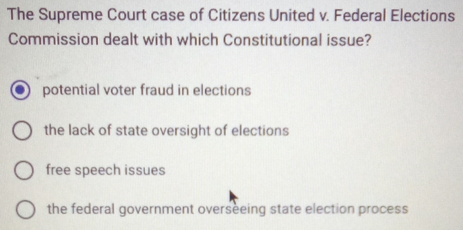 The Supreme Court case of Citizens United v. Federal Elections
Commission dealt with which Constitutional issue?
potential voter fraud in elections
the lack of state oversight of elections
free speech issues
the federal government overseeing state election process