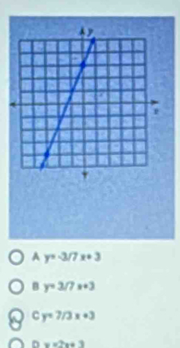 A y=-3/7x+3
B y=3/7x+3
C y=7/3x+3
D x=2x+3