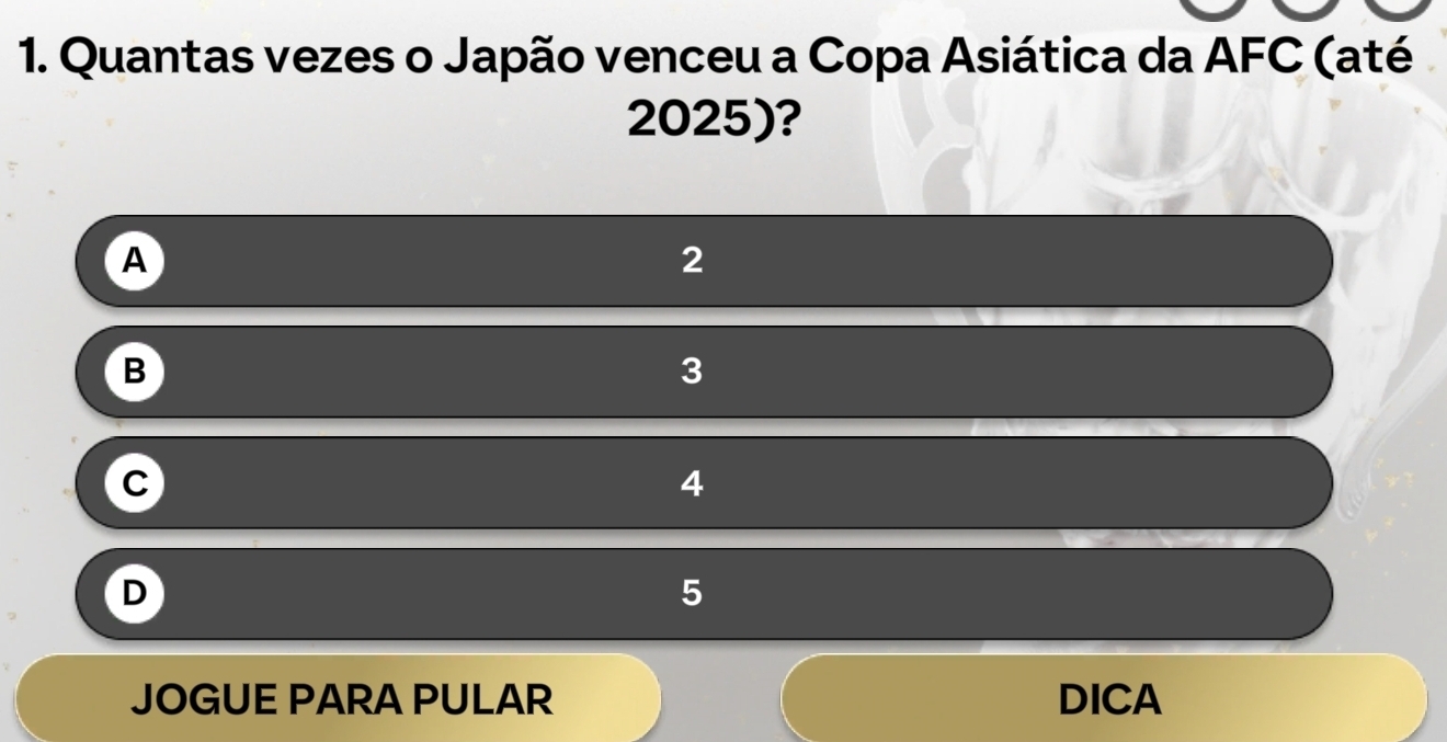 Resolvido:Quantas vezes o Japão venceu a Copa Asiática da AFC (até 2025 ...
