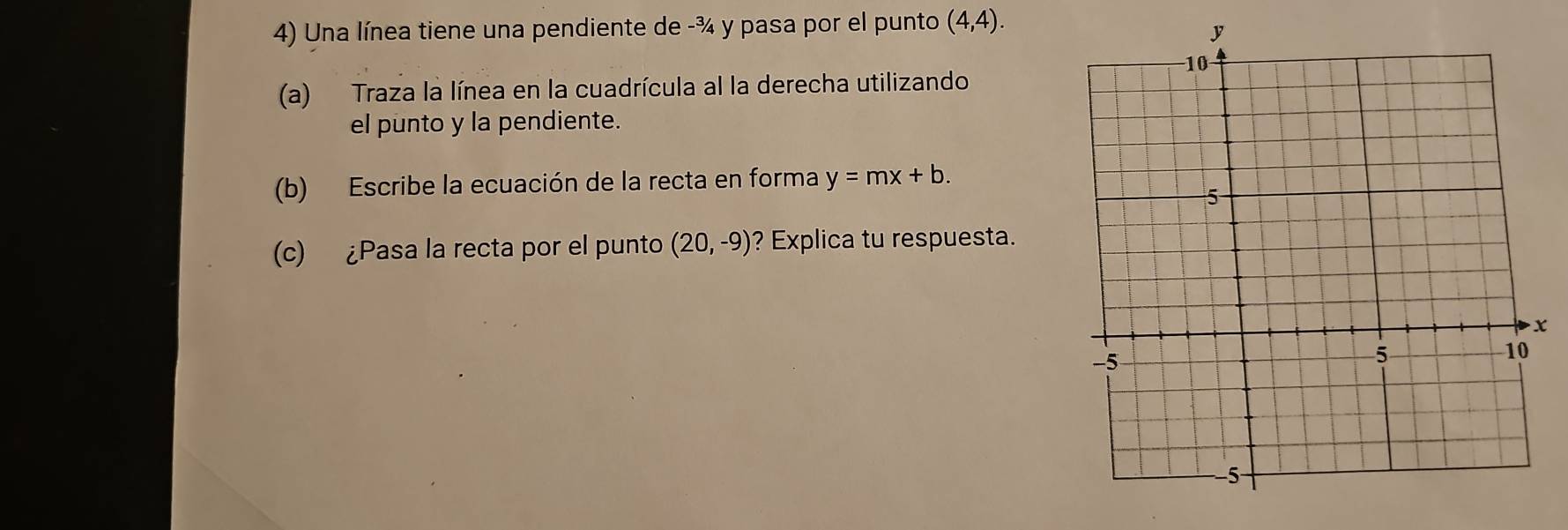 Una línea tiene una pendiente de -¾ y pasa por el punto (4,4). 
(a) Traza la línea en la cuadrícula al la derecha utilizando 
el punto y la pendiente. 
(b) Escribe la ecuación de la recta en forma y=mx+b. 
(c) ¿Pasa la recta por el punto (20,-9) ? Explica tu respuesta.
x