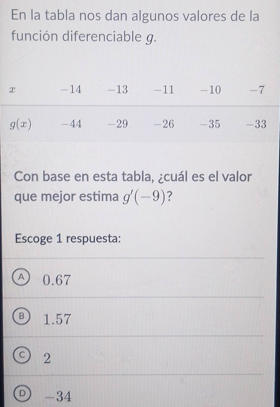 En la tabla nos dan algunos valores de la
función diferenciable g.
Con base en esta tabla, ¿cuál es el valor
que mejor estima g'(-9) ?
Escoge 1 respuesta:
D 0.67
B 1.57
C) 2
-34