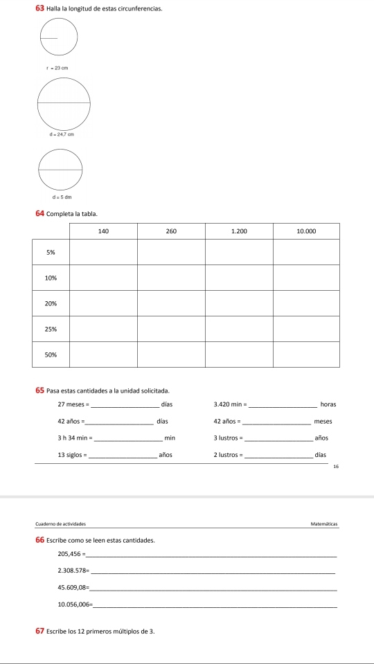 Halla la longitud de estas circunferencias.
t=23cm
64 Completa la tabla.
65 Pasa estas cantidades a la unidad solicitada.
27 mes es _dias 3.420 min _
horas
días
47 aflos= _42 años = _meses
3 h _min 3 lustros= _años
13 siglos _años 2 lustros =_ dias
16
Matemáticas
66 Escribe como se leen estas cantidades.
205,456= _
2.308.578= _
_ 45.609,08=
10.056,006=
_
67 Escribe los 12 primeros múltiplos de 3.