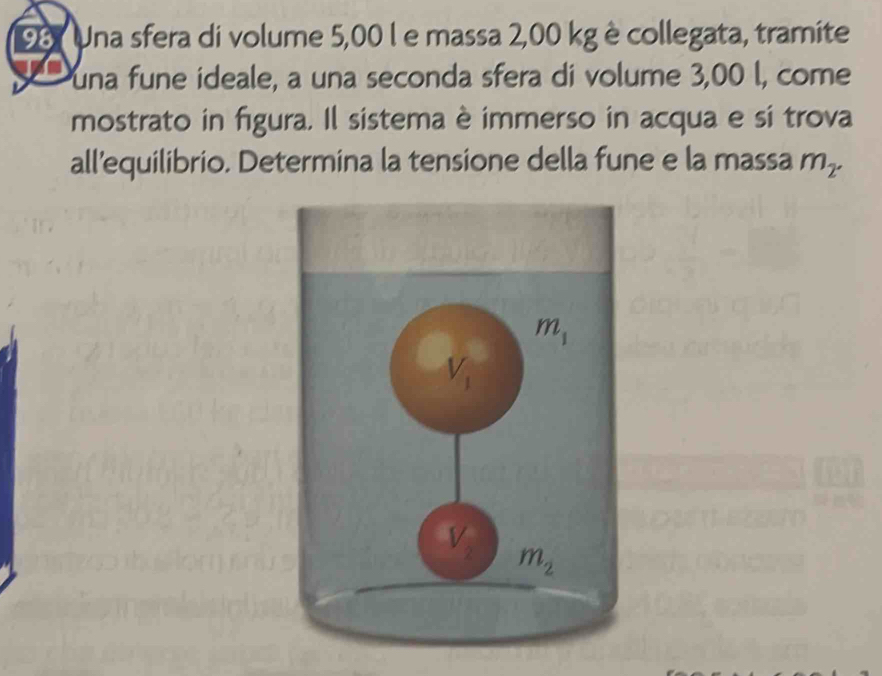 Una sfera di volume 5,00 l e massa 2,00 kg è collegata, tramite
una fune ideale, a una seconda sfera di volume 3,00 l, come
mostrato in figura. Il sistema è immerso in acqua e si trova
all’equilibrio. Determina la tensione della fune e la massa m_2.