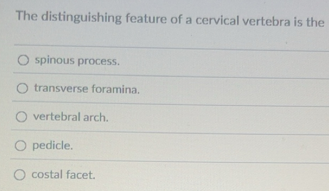 Solved: The distinguishing feature of a cervical vertebra is the ...