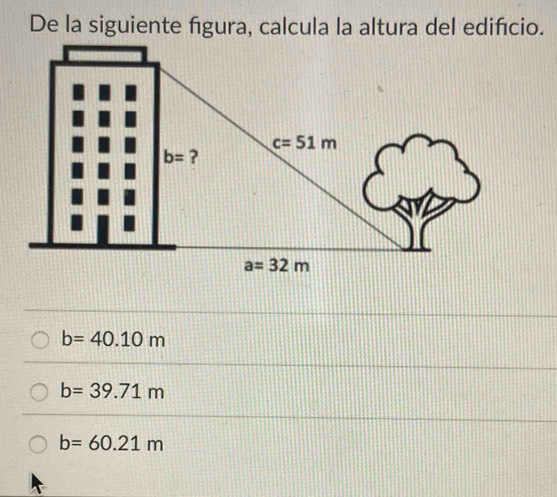 De la siguiente figura, calcula la altura del edifcio.
b=40.10m
b=39.71m
b=60.21m