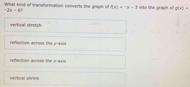 What kind of transformation converts the graph of f(x)=-x-3 into the graph of g(x)=
-2x-6 ?
vertical stretch
reflection across the y-axis
reflection across the x-axis
vertical shrink