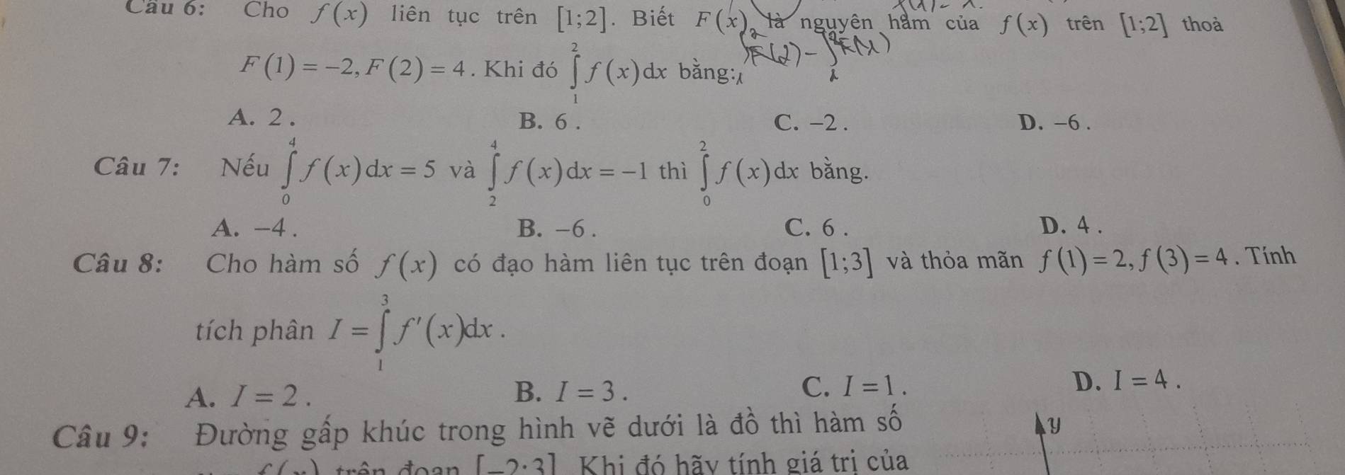 Cầu 6: Cho f(x) liên tục trên [1;2]. Biết F(x) là nguyên ham của f(x) trên [1;2] thoà
F(1)=-2, F(2)=4. Khi đó ∈tlimits ^2^2f(x)dx bằng:
A. 2. B. 6. C. -2. D. -6.
Câu 7: Nếu ∈tlimits _0^4f(x)dx=5 và ∈tlimits _2^4f(x)dx=-1 thì ∈tlimits _0^2f(x) dx bằng.
A. -4. B. -6. C. 6. D. 4 .
Câu 8: Cho hàm số f(x) có đạo hàm liên tục trên đoạn [1;3] và thỏa mãn f(1)=2, f(3)=4. Tính
tích phân I=∈tlimits _1^3f'(x)dx.
A. I=2. B. I=3. C. I=1. D. I=4. 
Câu 9: Đường gấp khúc trong hình vẽ dưới là đồ thì hàm số Y
[-2· 3]
C() Khi đó hãy tính giá tri của