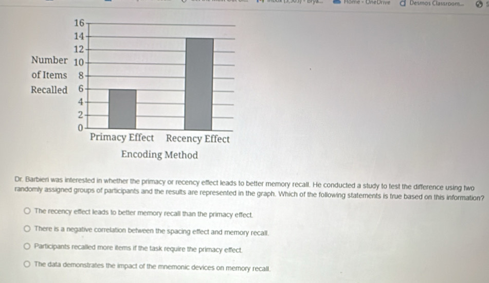 Höme - OneDrive Desmos Classroom...
Dr. Barbieri was interested in whether the primacy or recency effect leads to better memory recall. He conducted a study to test the difference using two
randomly assigned groups of participants and the results are represented in the graph. Which of the following statements is true based on this information?
The recency effect leads to better memory recall than the primacy effect.
There is a negative correlation between the spacing effect and memory recall.
Participants recalled more items if the task require the primacy effect.
The data demonstrates the impact of the mnemonic devices on memory recall.