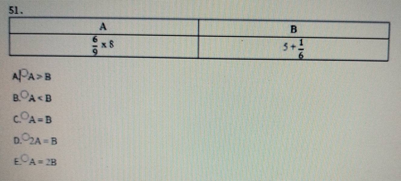 51 .
A|-A>B
B.^bigcirc A
C bigcirc A=B
D. O_2A=B
E 5x^2 A=2B