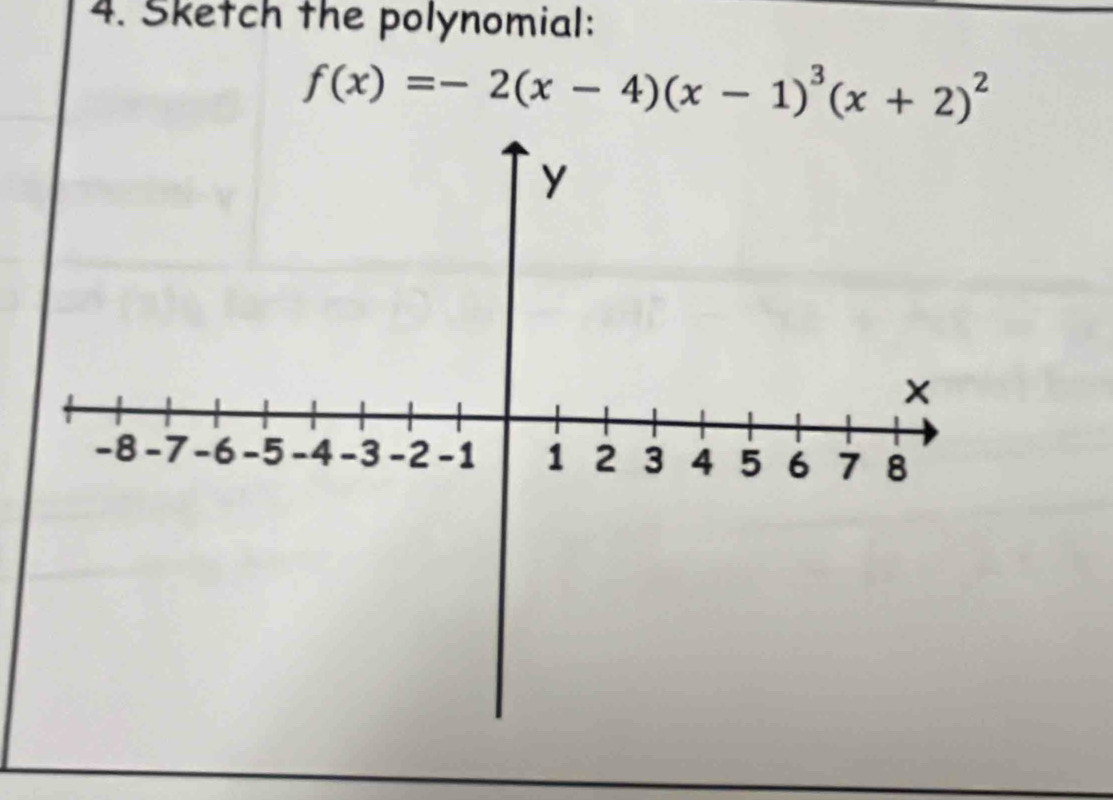 Sketch the polynomial:
f(x)=-2(x-4)(x-1)^3(x+2)^2