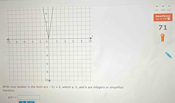 00 30 24
SmartScore out of 100 T
71
8
W , where a, h, and k are integers or simplified
fractions.
g(x)=□