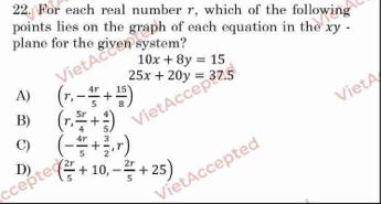 For each real number r, which of the following
points lies on the graph of each equation in the xy -
plane for the given system?
10x+8y=15
25x+20y=37.5
A) (r,- 4r/5 + 15/8 )
VietA
B) (r, 5r/4 + 4/5 )
C) (- 4r/5 + 3/2 ,r)
D) ( 2r/5 +10,- 2r/5 +25) tAcceptec