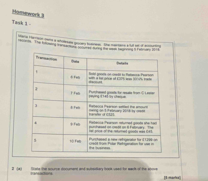 Homework 3 
Task 1 - 
Maria Harrison owns a wholesale grocery business. She maintains a full set of accounting 
records. The following transactions occurred during the week
2 (a) State the source document and subsidiary book used for each of the above 
transactions 
[5 marks]