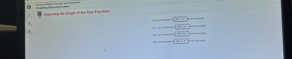 Advanced Algebra: Concepts and Connections
Graphing Sine and Cosine
Exploring the Graph of the Sine Function
P(1,0) corresponds to (90,1)vee on the sine graph
P(-1,0 0) correspands to (270,1) on the sine graph .
P(0,-1) corresponds to (270,1)^circ  on the sine graph.
P(0,1) corresponds to (90,1)vee on the sine graph