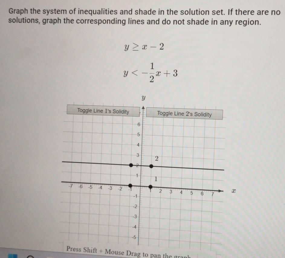 Graph the system of inequalities and shade in the solution set. If there are no
solutions, graph the corresponding lines and do not shade in any region.
y≥ x-2
y<- 1/2 x+3
Press Shift + Mouse Drag to pan the grank