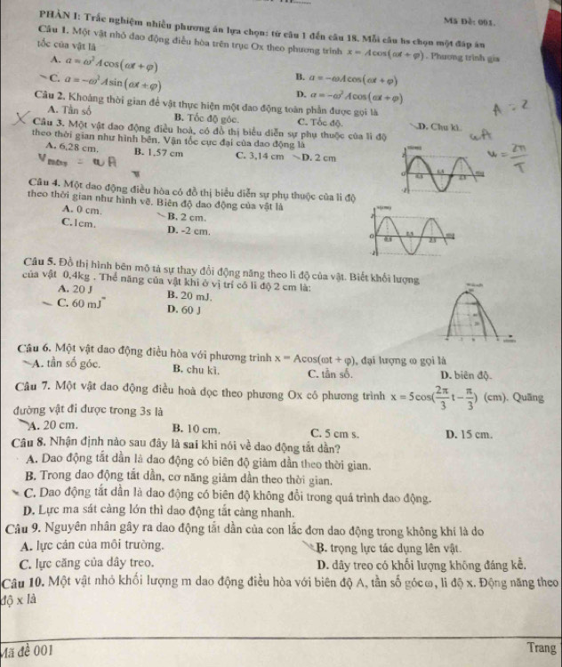 Mã Đề: 001.
PHÀN I: Trắc nghiệm nhiều phương án lựa chọn: từ câu 1 đến câu 18. Mỗi câu hs chọn một đáp ăn
Cầu 1. Một vật nhỏ đao động điều hòa trên trục Ox theo phương trình x=Acos (at+varphi )
tốc của vật là. Phương trinh gia
A. a=omega^2Acos (omega t+varphi )
¬ C. a=-omega^2Asin (omega t+varphi )
B. a=-omega Acos (omega t+varphi )
D. a=-omega^2Acos (omega t+varphi )
Câu 2. Khoáng thời gian để vật thực hiện một đao động toàn phần được gọi là
A. Tần số B. Tốc độ góc. C. Tốc độ..D. Chu kì
Cầu 3. Một vật dao động điều hoà, có đồ thị biểu diễn sự phụ thuộc của lì độ
theo thời gian như hình bên, Vận tốc cực đại của đao động là
A. 6,28 cm. B. 1,57 cm C. 3,14 cm D. 2 cm
V nos
Câu 4. Một dao động điều hòa có đồ thị biểu diễn sự phụ thuộc của lì độ
theo thời gian như hình vẽ. Biên độ dao động của vật là
A. 0 cm. B. 2 cm
C.1cm. D. -2 cm.
Câu 5. Đồ thị hình bên mô tả sự thay đổi động năng theo lì độ của vật. Biết khổi lượng
của vật 0,4kg . Thể năng của vật khi ở vị trí có lì độ 2 cm là:
A. 20 J B. 20 mJ.
C. 60 mJ D. 60 J
Câu 6. Một vật đao động điều hòa với phương trình x=Acos (omega t+varphi ) , đại lượng ∞ gọi là
A. tần số góc. B. chu kì. C. tần số. D. biên độ.
Câu 7. Một vật dao động điều hoà đọc theo phương Ox có phương trình x=5cos ( 2π /3 t- π /3 )(cm).. Quãng
đường vật đi được trong 3s là
B. 10 cm.
A. 20 cm. C. 5 cm s. D. 15 cm.
Câu 8. Nhận định nào sau đây là sai khi nói về dao động tắt dần?
A. Dao động tất dần là đao động có biên độ giảm dẫn theo thời gian.
B. Trong dao động tắt dần, cơ năng giảm dần theo thời gian.
C. Dao động tắt dần là dao động có biên độ không đổi trong quá trình dao động.
D. Lực ma sát càng lớn thì dao động tắt càng nhanh.
Câu 9. Nguyên nhân gây ra dao động tắt dần của con lắc đơn dao động trong không khi là do
A. lực cản của môi trường. B. trọng lực tác dụng lên vật.
C. lực căng của dây treo. D. dây treo có khối lượng không đáng kể.
Câu 10. Một vật nhỏ khối lượng m dao động điều hòa với biên độ A, tần số gócơ, li độ x. Động năng theo
10* 1a
Mã đề 001 Trang