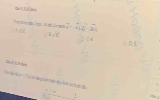 Cau 4 2 đămg 
Trong thờng gao Ouyc, đô đôi của vecto vector a=-vector i+2vector j-vector bvector a
Asqrt(3)
a 8sqrt(15)
3 15 üer) 
ch bang biên thiên đhu hình và dưới đây
x=_ 