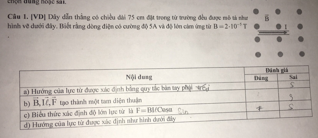 chọn đung hoạc sai.
Câu 1. [VD] Dây dẫn thẳng có chiều dài 75 cm đặt trong từ trường đều được mô tả như vector B
hình vẽ dưới đây. Biết rằng dòng điện có cường độ 5A và độ lớn cảm ứng từ B=2· 10^(-5)T I