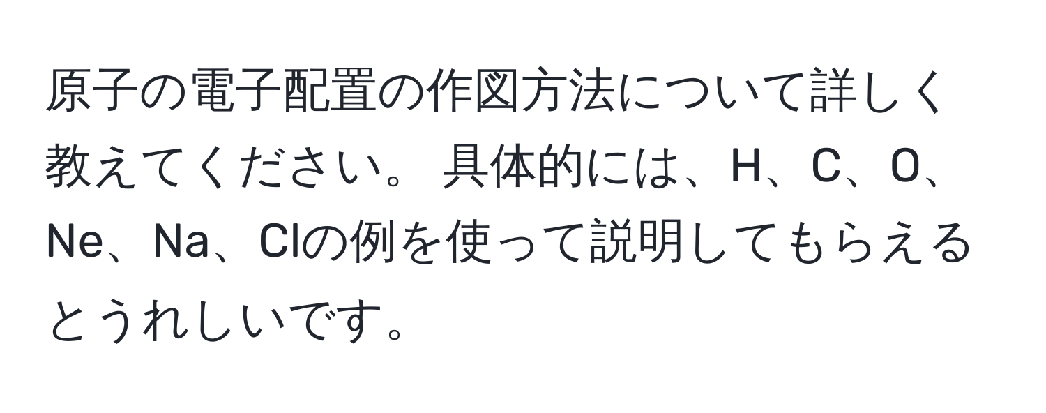 原子の電子配置の作図方法について詳しく教えてください。 具体的には、H、C、O、Ne、Na、Clの例を使って説明してもらえるとうれしいです。