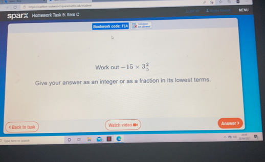 SparX   Homework Task 5: Item c
Bookwork code: F14
Work out -15* 3 2/5 
Give your answer as an integer or as a fraction in its lowest terms.