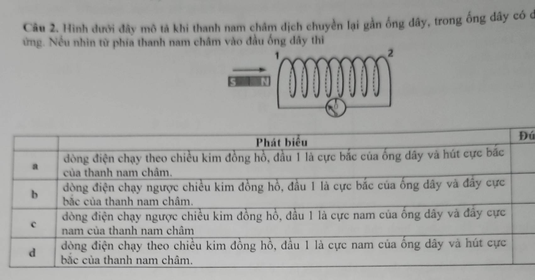 Hình dưới đây mô tả khi thanh nam châm dịch chuyền lại gần ống dây, trong ống dây có c
ừng. Nếu nhìn từ phía thanh nam châm vào đầu ống dây thì
Phát biểu
Đú
a đòng điện chạy theo chiều kim đồng hồ, đầu 1 là cực bắc của ống dây và hút cực bắc
của thanh nam châm.
b đòng điện chạy ngược chiều kim đồng hồ, đầu 1 là cực bắc của ống dây và đây cực
bắc của thanh nam châm.
đòng điện chạy ngược chiều kim đồng hồ, đầu 1 là cực nam của ống dây và đây cực
c nam của thanh nam châm
d đòng điện chạy theo chiều kim đồng hồ, đầu 1 là cực nam của ống dây và hút cực
bắc của thanh nam châm.