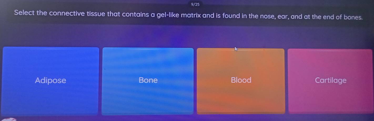 9/25
Select the connective tissue that contains a gel-like matrix and is found in the nose, ear, and at the end of bones.
Adipose Bone Blood Cartilage