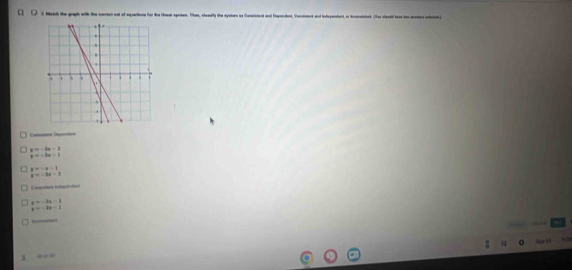 Mach the graph with the correct set of aquations for the linear system. Than, claasify the system as Consistent and Dependent, Consistent and intependent, or inconsistent. (You should larre two ansers selectel)
Consunant Deparcient
y=-2x-3
y=-3x-1
y=-x-1
y=-2x-3
Comptant Independant
y=-3x-3
y=-3x-1
Icoomident a 
Sep 24
00/41 117