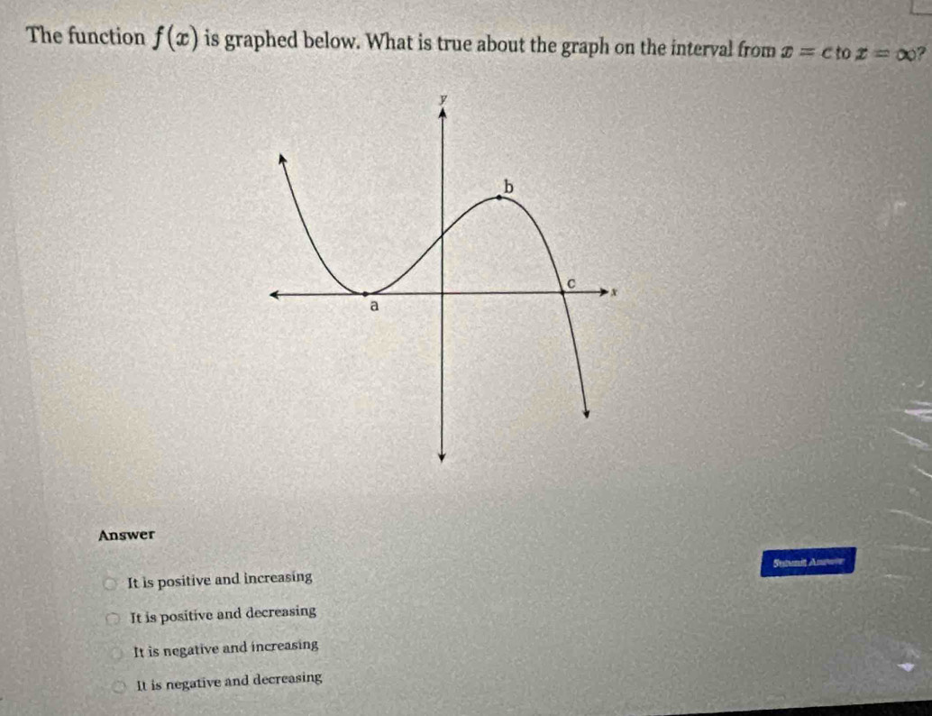 The function f(x) is graphed below. What is true about the graph on the interval from x=c tox=∈fty ?
Answer
It is positive and increasing Sestnit Amaw=
It is positive and decreasing
It is negative and increasing
It is negative and decreasing