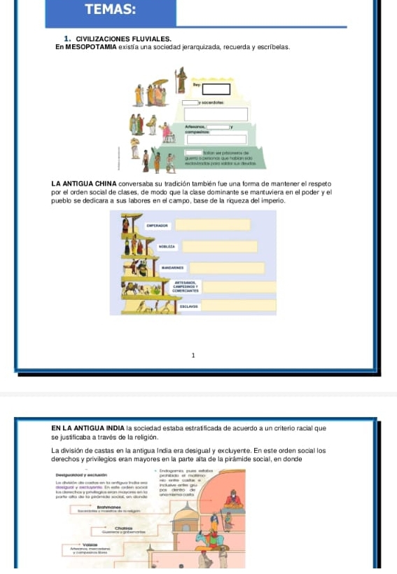 TEMAS: 
1. CIVILIZACIONES FLUVIALES. 
En MESOPOTAMIA existía una sociedad jerarquizada, recuerda y escríbelas. 
LA ANTIGUA CHINA conversaba su tradición también fue una forma de mantener el respeto 
por el orden social de clases, de modo que la clase dominante se mantuviera en el poder y el 
pueblo se dedicara a sus labores en el campo, base de la riqueza del imperio 
1 
EN LA ANTIGUA INDIA la sociedad estaba estratificada de acuerdo a un criterio racial que 
se justificaba a través de la religión. 
La división de castas en la antigua India era desigual y excluyente. En este orden social los 
derechos y privilegios eran mayores en la parte alta de la pirámide social, en donde