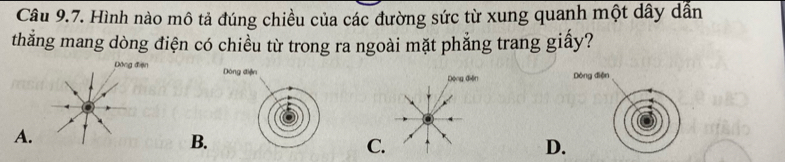 Hình nào mô tả đúng chiều của các đường sức từ xung quanh một dây dẫn 
thắng mang dòng điện có chiều từ trong ra ngoài mặt phẳng trang giấy? 


A. 
B. 
C 
D