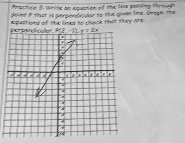 Practice 3: write an equation of the line passing through
point P that is perpendicular to the given line. Graph the
equations of the lines to check that they are