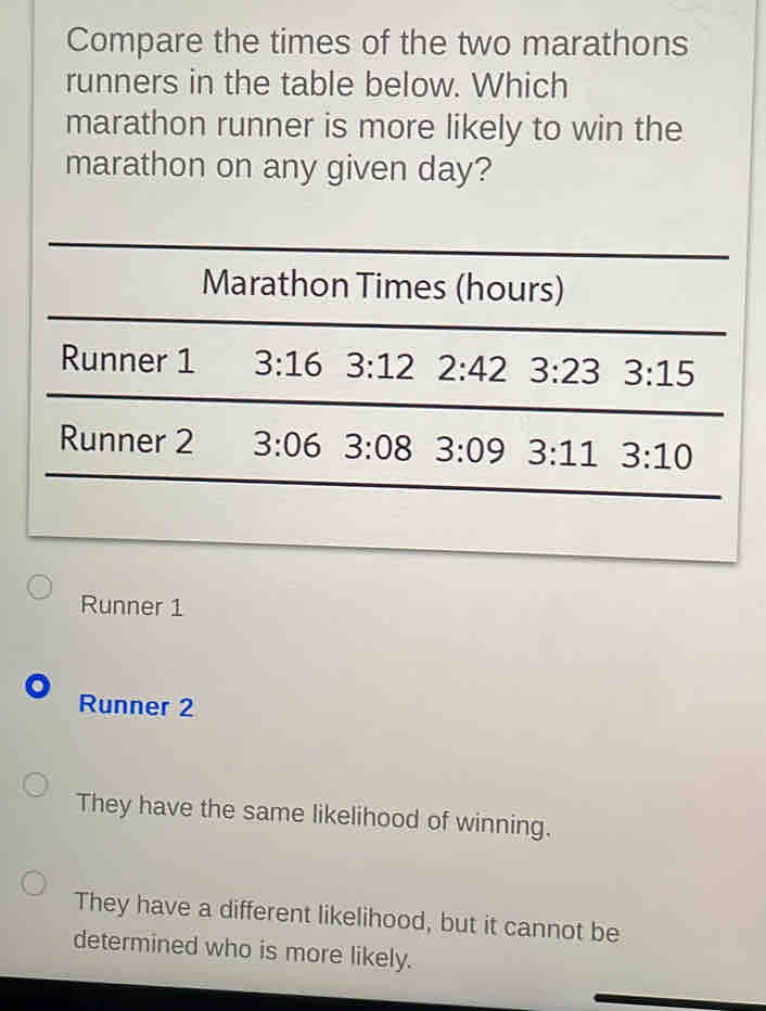 Compare the times of the two marathons runners in the table below ...