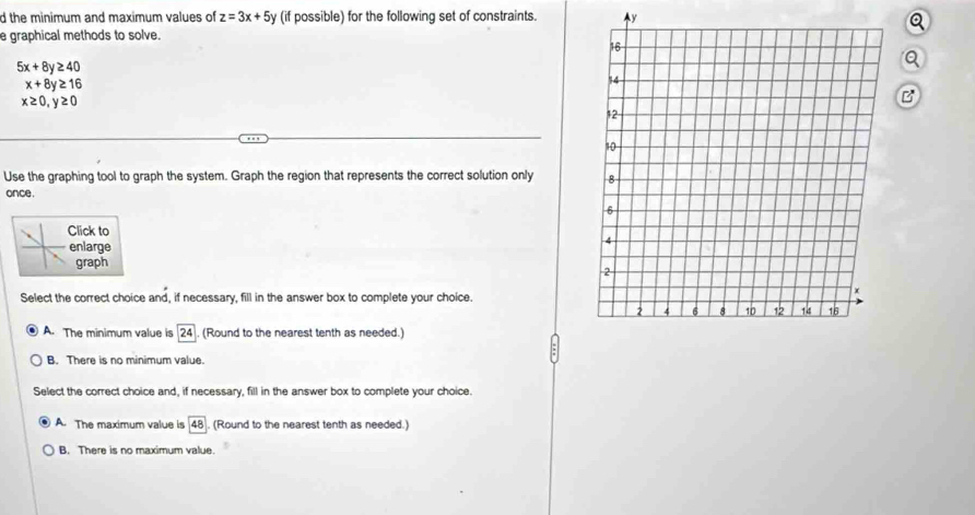 the minimum and maximum values of z=3x+5y (if possible) for the following set of constraints. y
Q
e graphical methods to solve.
5x+8y≥ 40
Q
x+8y≥ 16
x≥ 0, y≥ 0
B
Use the graphing tool to graph the system. Graph the region that represents the correct solution only 
once.
Click to
enlarge
graph
Select the correct choice and, if necessary, fill in the answer box to complete your choice.
A. The minimum value is 24. (Round to the nearest tenth as needed.)
B. There is no minimum value.
Select the correct choice and, if necessary, fill in the answer box to complete your choice.
A. The maximum value is [ 48 ]. (Round to the nearest tenth as needed.)
B. There is no maximum value.