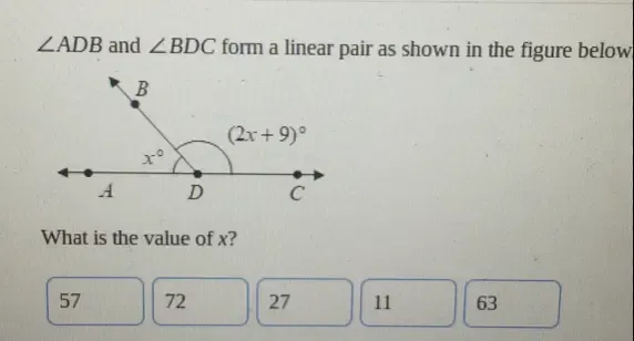 Solved: ∠ ADB and ∠ BDC form a linear pair as shown in the figure below ...