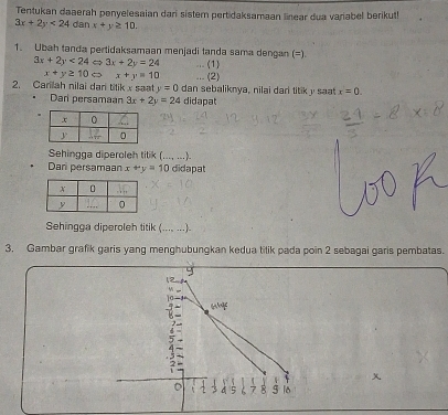 Tentukan daaerah penyelesaian dari sistem pertidaksamaan linear dua variabel berikut!
3x+2y<24</tex> dan x+y≥ 10. 
1. Ubah tanda pertidaksamaan menjadi tanda sama dengan (=).
3x+2y<24</tex> 3x+2y=24 (1)
x+y≥ 10 x+y=10 (2) 
2. Carlah nilai dan titik x saat y=0 dan sebaliknya, nilai dari titiky saat x=0. 
Dari persamaan 3x+2y=24 didapat 
Sehingga diperoleh titik (..., ...). 
Dari persamaan x+y=10 didapat 
Sehingga diperoleh titik (..., ...). 
3. Gambar grafik garis yang menghubungkan kedua titik pada poin 2 sebagai garis pembatas. 
12 
1a

5 7 8 5 16