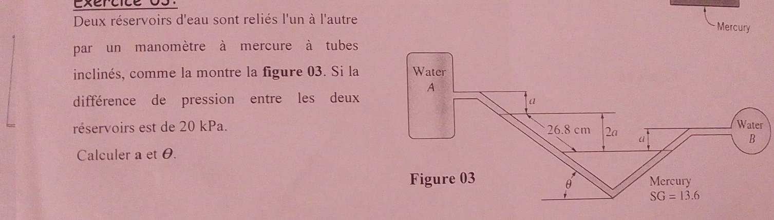 Exercice os.
Deux réservoirs d'eau sont reliés l'un à l'autre
Mercury
par un manomètre à mercure à tubes
inclinés, comme la montre la figure 03. Si la 
différence de pression entre les deux
réservoirs est de 20 kPa.
Calculer a et θ.